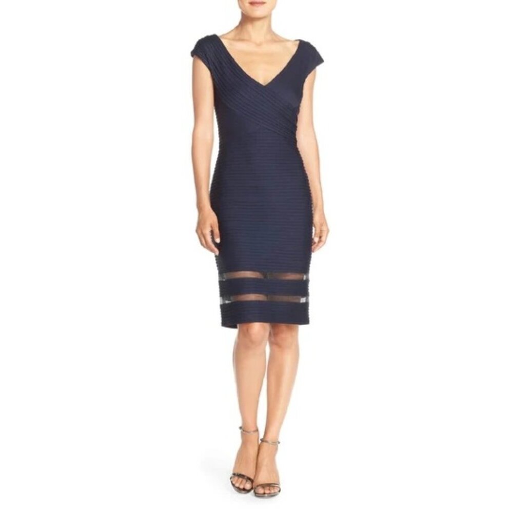 Tadashi Shoji Amata Pintuck Women's V Neck‎ Navy Blue Jersey Dress Small
